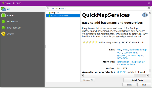 Cửa sổ Plugins tìm QuickMapServices của NextGIS, nút Install Plugin ở góc dưới