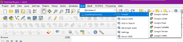 Menu Web, QuickMapServices, Google với các lựa chọn Google Hybrid, Labels, Road, Satellite, Terrain, Traffic