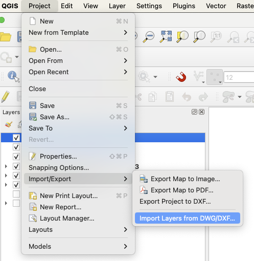 Menu Project, mục Import/Export, chọn Import Layers from DWG/DXF