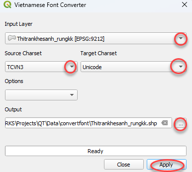 Cửa sổ Vietnamese Font Converter của HCMGIS: lớp đầu vào, bảng mã nguồn TCVN3, bảng mã đích Unicode, ô tuỳ chọn và đường dẫn file kết quả, nút Apply