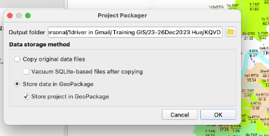 Thiết lập Project Packager: chọn thư mục output, chọn Store data in GeoPackage