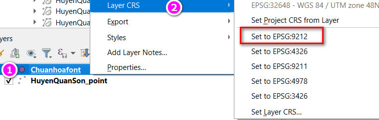 Menu Layer CRS: dòng mờ trên cùng là hệ đang khai báo, bên dưới là các hệ dùng gần đây như Set to EPSG:9212 và lựa chọn Set Layer CRS