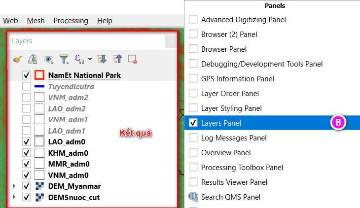 Layers Panel quản lý danh sách các lớp dữ liệu đang mở