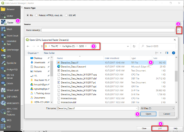 Chọn Raster, bấm Browse, tìm đường dẫn, chọn file .tif, bấm Open rồi Add