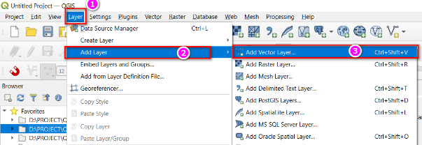 Vào Layer, Add Layer, Add Vector Layer trên thanh menu