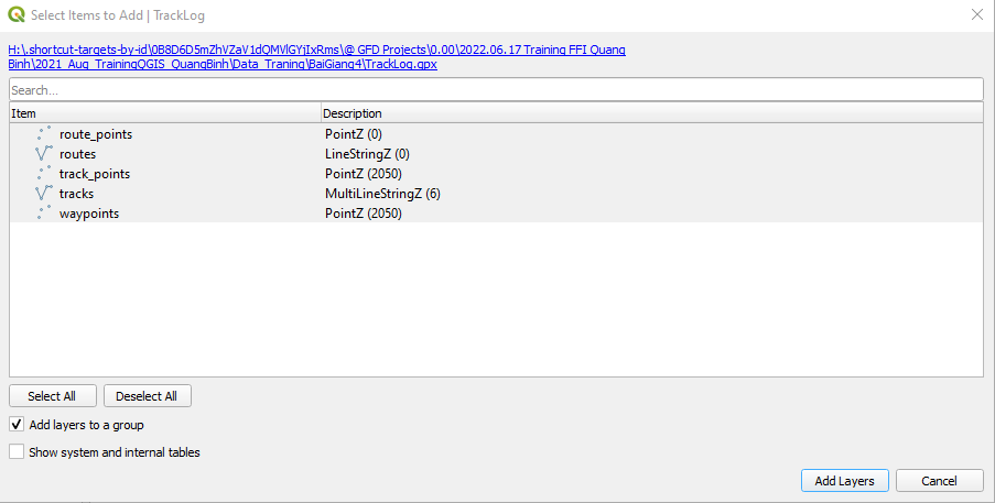 Hộp Select Items to Add của file TrackLog.gpx: route_points và routes trống, track_points và waypoints mỗi lớp 2050 điểm, tracks có 6 đường