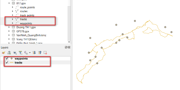 Lớp waypoints dạng điểm và lớp tracks dạng đường đi của file GPX hiện trên bản đồ, bảng Browser bên trái liệt kê các lớp con của file