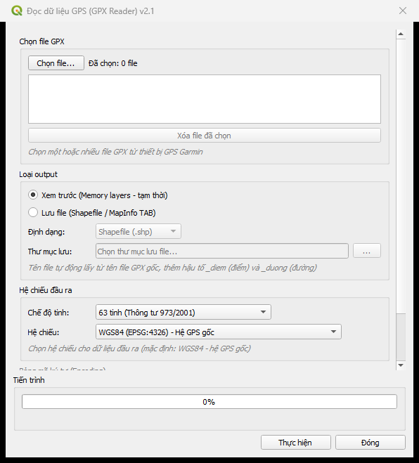 Cửa sổ Đọc dữ liệu GPS GPX Reader: chọn một hoặc nhiều file GPX, chọn xem trước bằng lớp tạm hoặc lưu file Shapefile hoặc MapInfo TAB, chọn chế độ tỉnh và hệ chiếu đầu ra, mặc định WGS84