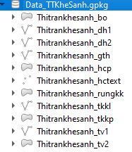 Browser Panel hiển thị các lớp dữ liệu bên trong một GeoPackage sau khi gom xong