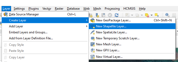 Menu Layer, mục Create Layer với các lựa chọn New GeoPackage Layer, New Shapefile Layer, New Temporary Scratch Layer