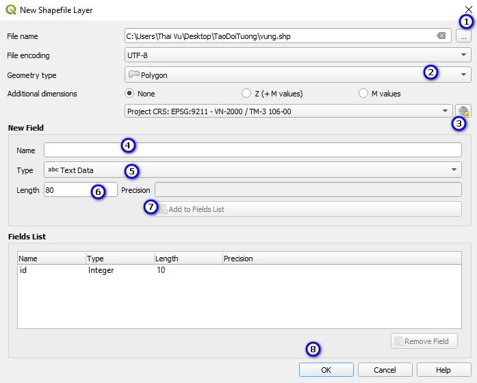 Cửa sổ New Shapefile Layer cho lớp vùng: tên file vung.shp, bảng mã UTF-8, kiểu hình học Polygon, hệ tọa độ EPSG:9211 VN-2000 TM-3 106-00, khung thêm trường mới và danh sách trường đã có trường id