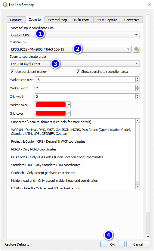Thiết lập hệ tọa độ VN-2000 trong tab Zoom to của Lat Lon Settings